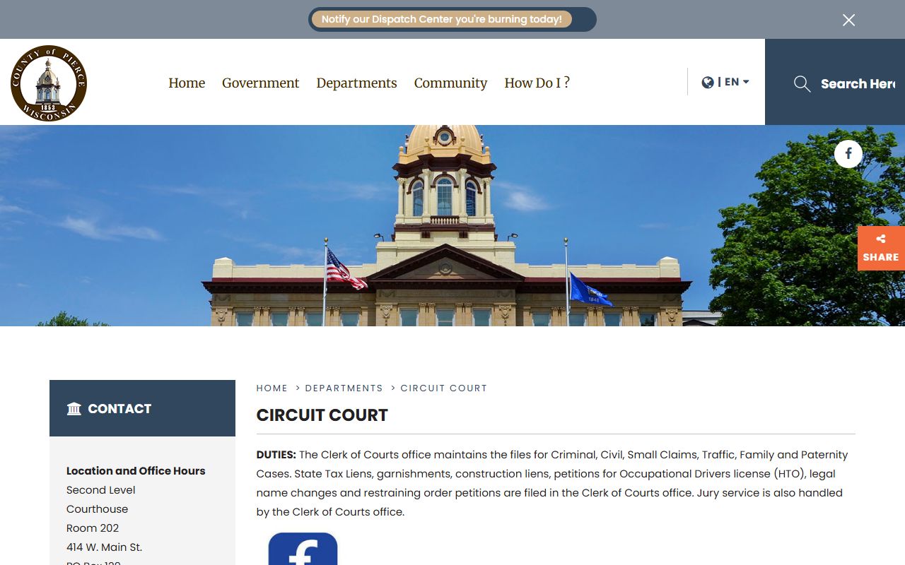 Pierce County court records after jail arrest Circuit Court contact page