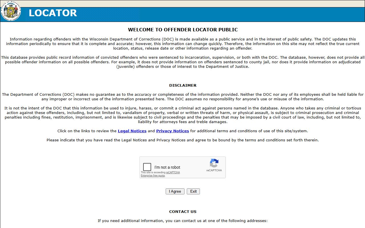 Pierce County inmate population Wisconsin DOC offender locator search