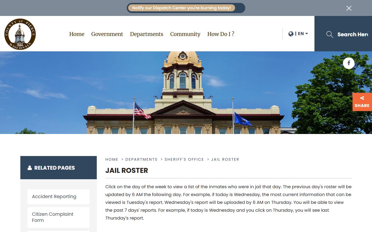 Pierce County inmate records roster page with daily jail roster PDF links